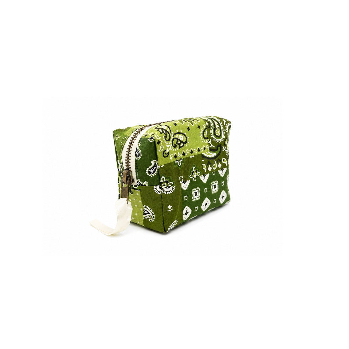 Side and back view of the small XS Louise Green Bandana pouch in olive green patterned cotton canvas.