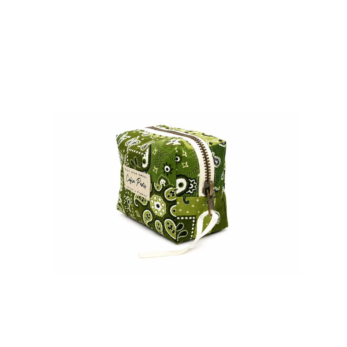 Three-quarter angle view of the compact Cofin Paris XS Louise Green Bandana Pouch featuring a metal zipper and white ribbon pull.