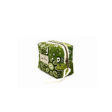 Three-quarter angle view of the compact Cofin Paris XS Louise Green Bandana Pouch featuring a metal zipper and white ribbon pull.