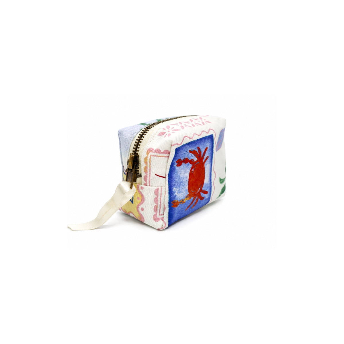 Side view of the XS Paola Riviera mini pouch displaying the bright red crab motif printed on blue background.