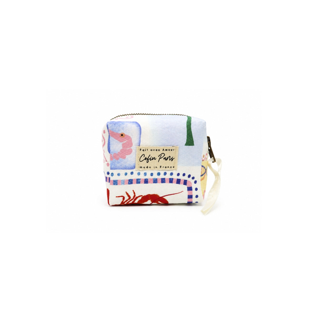 Front view of the Cofin Paris XS Paola Riviera mini pouch featuring a cotton Riviera print with lobster, shrimp, and woven logo label.