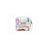 Front view of the Cofin Paris XS Paola Riviera mini pouch featuring a cotton Riviera print with lobster, shrimp, and woven logo label.