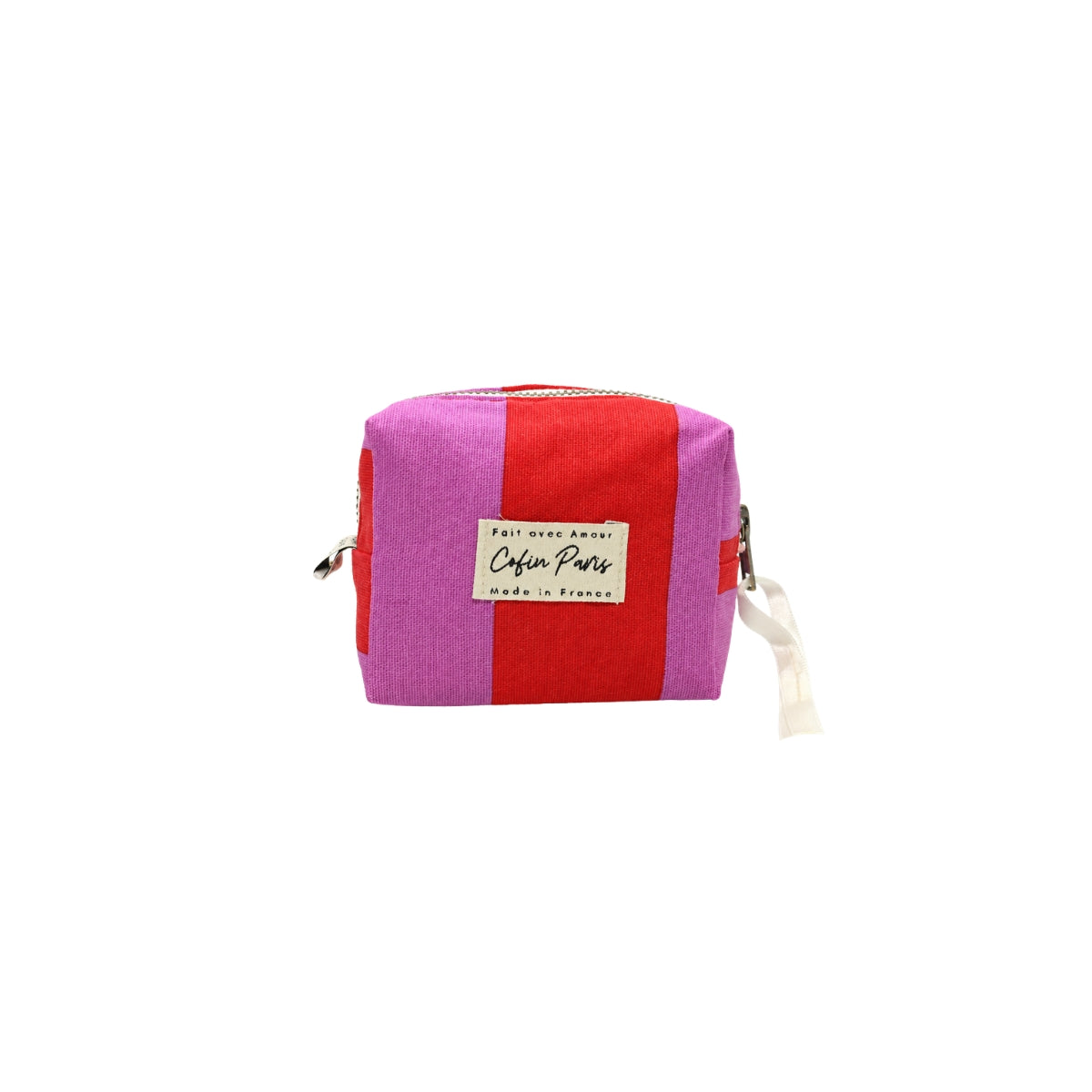 Front view of the Cofin Paris XS Paola Striped pouch featuring red and pink cotton cabana stripes and a Cofin Paris brand logo patch.