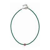Green beaded choker necklace with a single red and white evil eye glass bead accent, adjustable lobster clasp closure, minimal layering necklace
