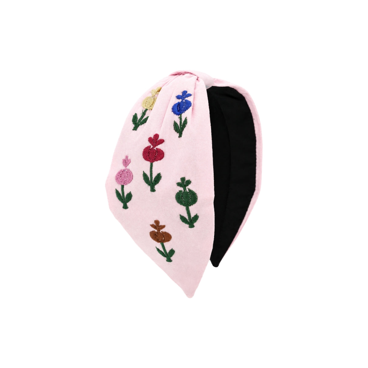 Pink headband hand embroidered with six single stem tulips in varying colors, black lining visible along the inner band