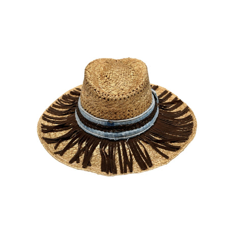 Alternate angle of Moov In Style western straw fedora hat highlighting full suede fringe trim coverage