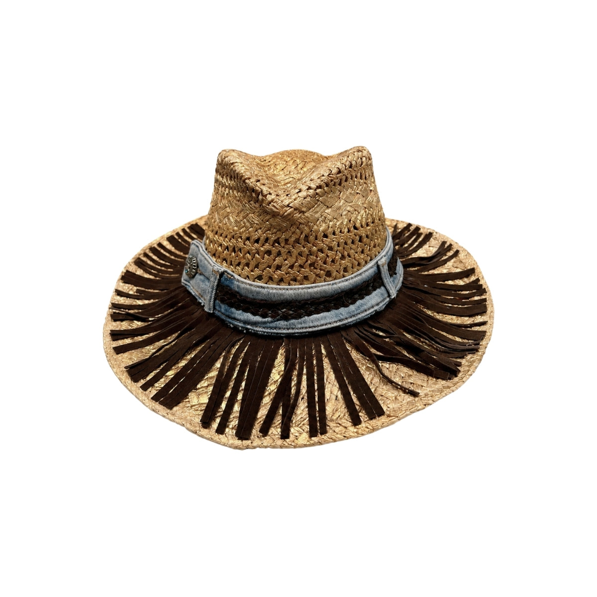 Direct front view of natural straw boho cowboy hat with dark brown suede fringe trim and denim band