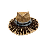 Direct front view of natural straw boho cowboy hat with dark brown suede fringe trim and denim band