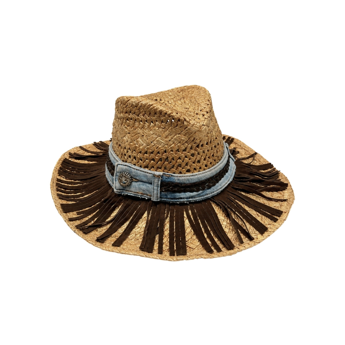 Side view of straw western fedora showing metallic concho button on distressed denim hatband and brown suede fringe