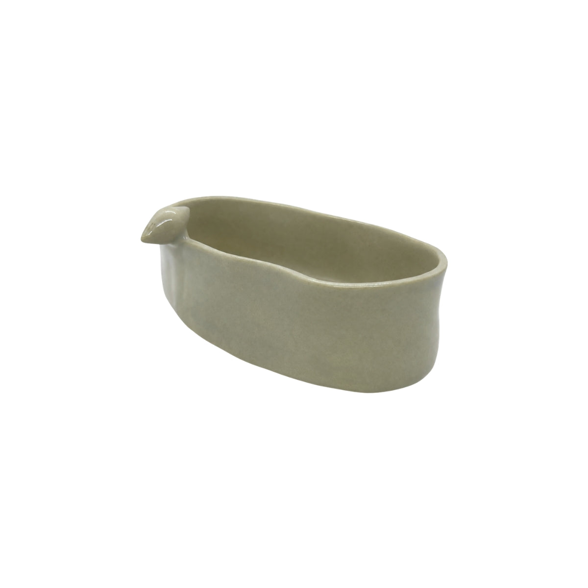 Angled view showing the interior and bird accent of Nayla's Ceramics grey ceramic oval snack bowl