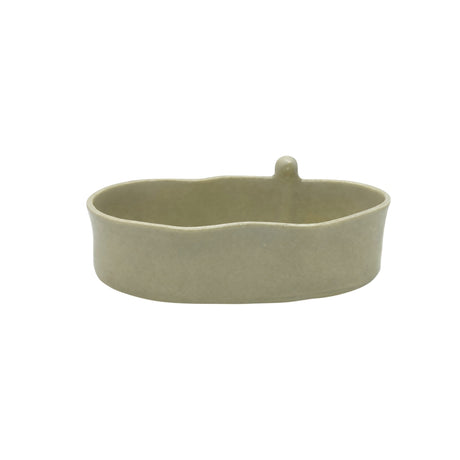 Front view of Nayla's Ceramics grey wavy oval ceramic serving bowl with a small sculpted bird detail on the rim