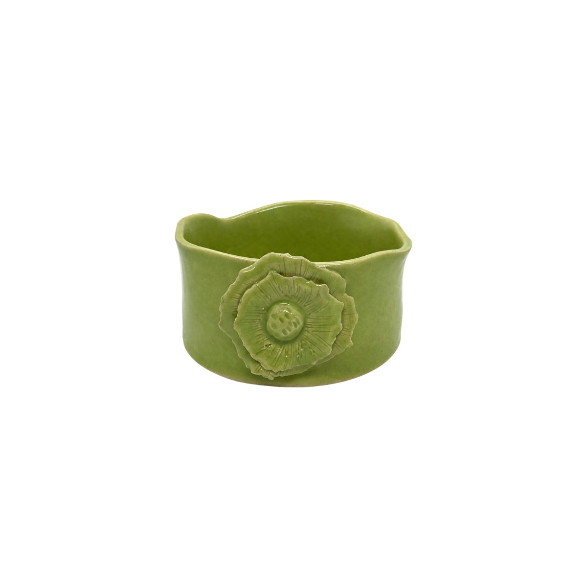 Front view of Nayla's Ceramics lime green wavy round ceramic bowl showing the multi-layered floral detail
