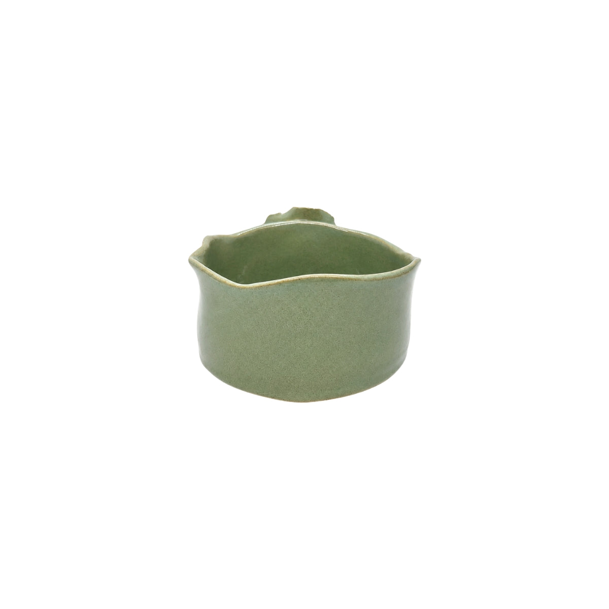 Back view of old green wavy edge handmade ceramic bowl by Nayla's Ceramics showing natural clay form