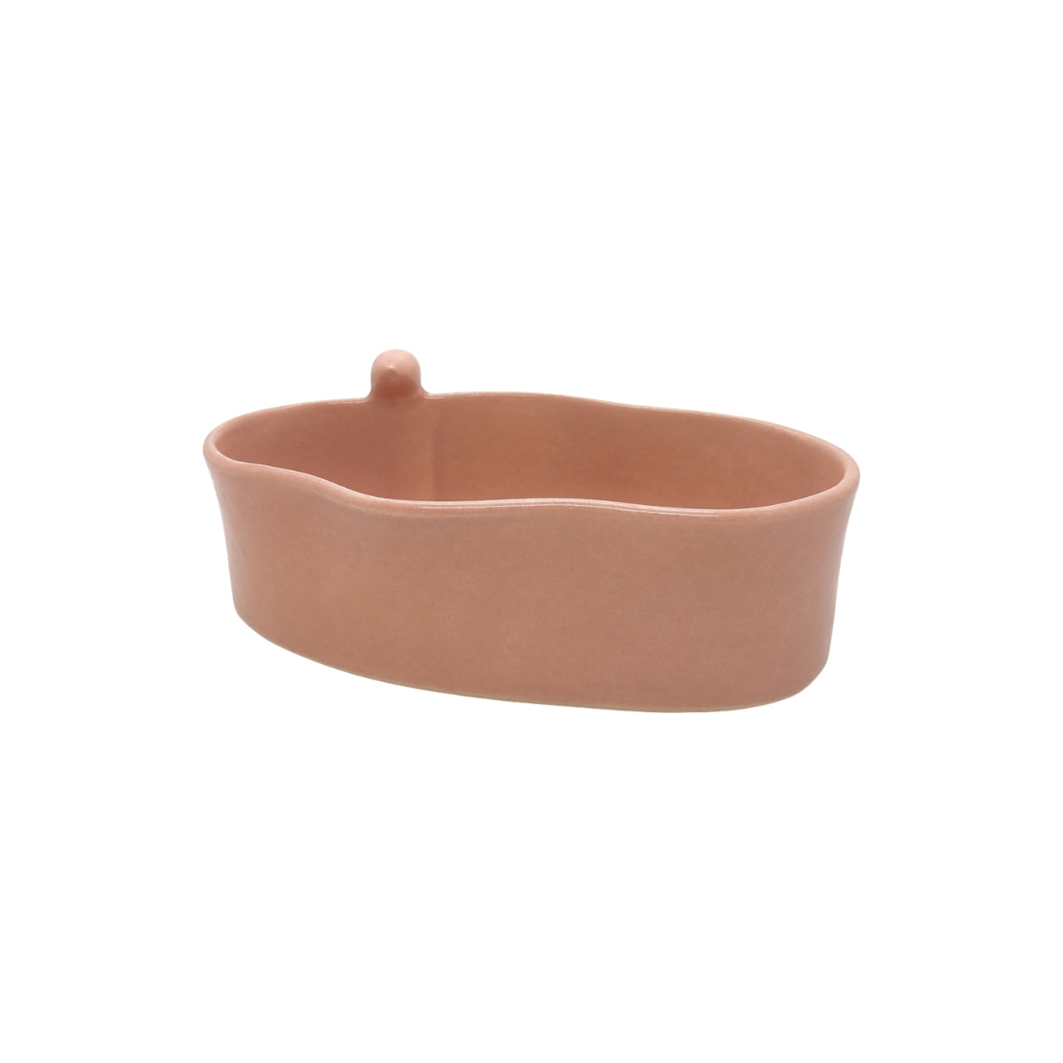 Front view of Nayla's Ceramics blush pink wavy oval ceramic serving bowl featuring a small sculpted bird on the rim