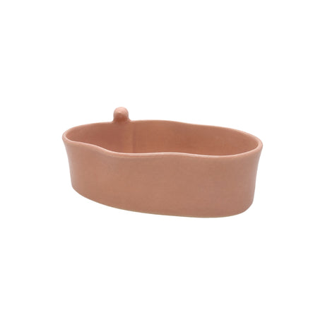 Front view of Nayla's Ceramics blush pink wavy oval ceramic serving bowl featuring a small sculpted bird on the rim