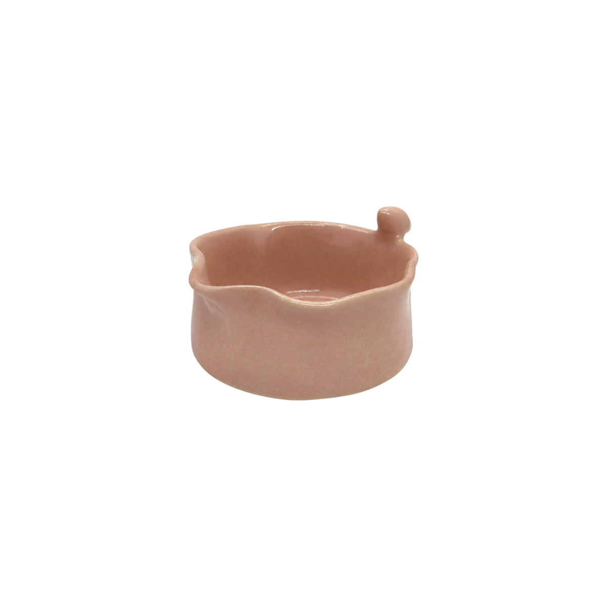 Angled view showing the interior and bird accent of Nayla's Ceramics pink ceramic serving bowl
