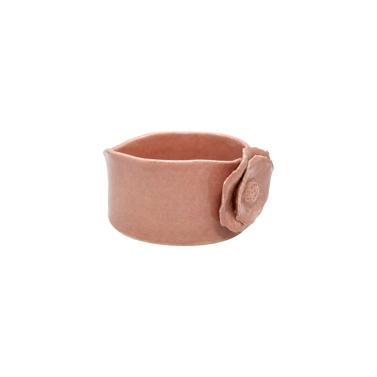 Angled perspective view of Nayla's Ceramics pink wavy bowl illustrating the interior basin and raised petal detail