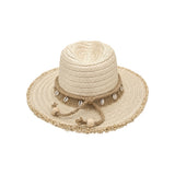 Back view of NN Design woven straw fedora hat showcasing the tied jute cord accent with wooden beads, frayed outer edge, and full cowrie shell band trim