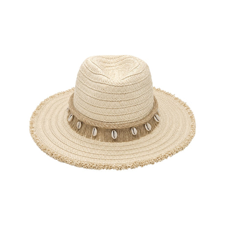 Direct front view of NN Design natural straw resort fedora hat highlighting the structured woven crown, natural cowrie shell embellishments, and rustic frayed brim border