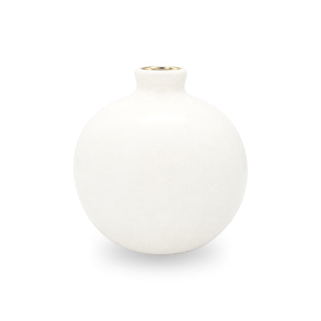 Back view of the smooth white ceramic pomegranate accent showcasing its clean silhouette and gold rimmed top spout.