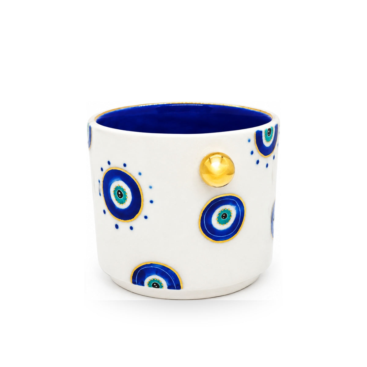 Top-down view of the Noorena Mallacio Evil Eye ceramic vase highlighting the deep cobalt blue gloss interior glaze.