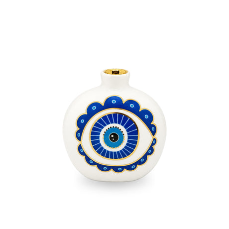 Front view of a white ceramic pomegranate shape featuring a hand-painted blue scalloped evil eye motif with gold accents and a gold-rimmed opening.