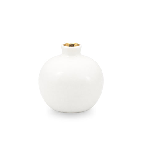 Back view of the smooth white ceramic pomegranate accent showcasing its clean silhouette and gold rimmed top spout.