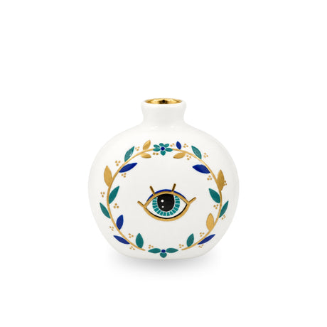 Front view of a white ceramic pomegranate shape featuring a hand-painted botanical wreath and evil eye motif with a gold rimmed opening.