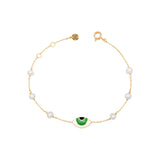 Orchid Jewelry 18k yellow gold fine chain bracelet with a green enamel evil eye center and freshwater pearl stations