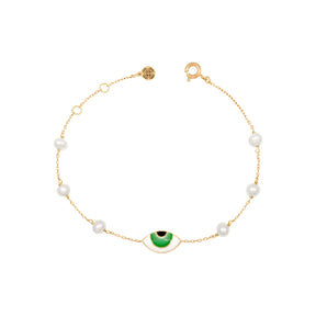 Orchid Jewelry 18k yellow gold fine chain bracelet with a green enamel evil eye center and freshwater pearl stations