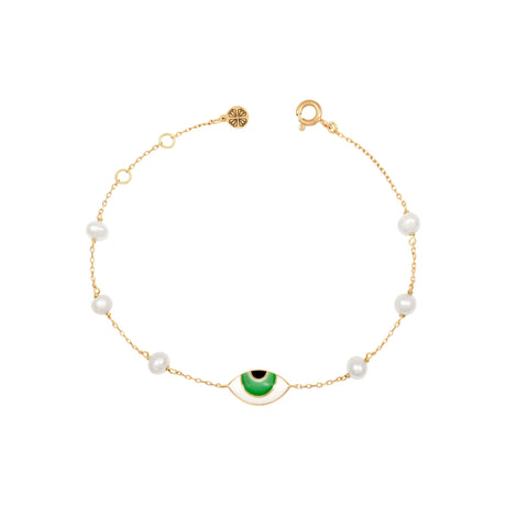 Orchid Jewelry 18k yellow gold fine chain bracelet with a green enamel evil eye center and freshwater pearl stations