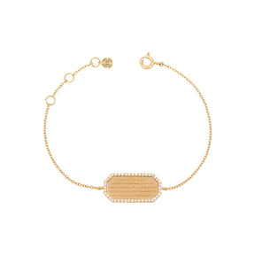 Orchid Jewelry 18k yellow gold chain bracelet featuring an engraved Ayatul Kursi plaque framed by pave diamonds