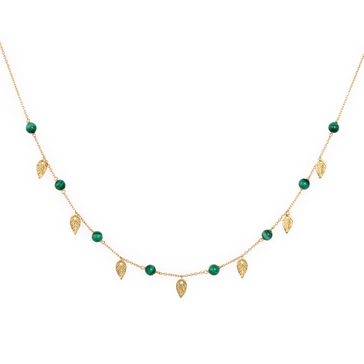 Orchid Jewelry 18k yellow gold choker featuring green malachite beads and dangling textured gold leaf charms