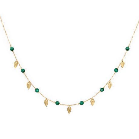 Orchid Jewelry 18k yellow gold choker featuring green malachite beads and dangling textured gold leaf charms