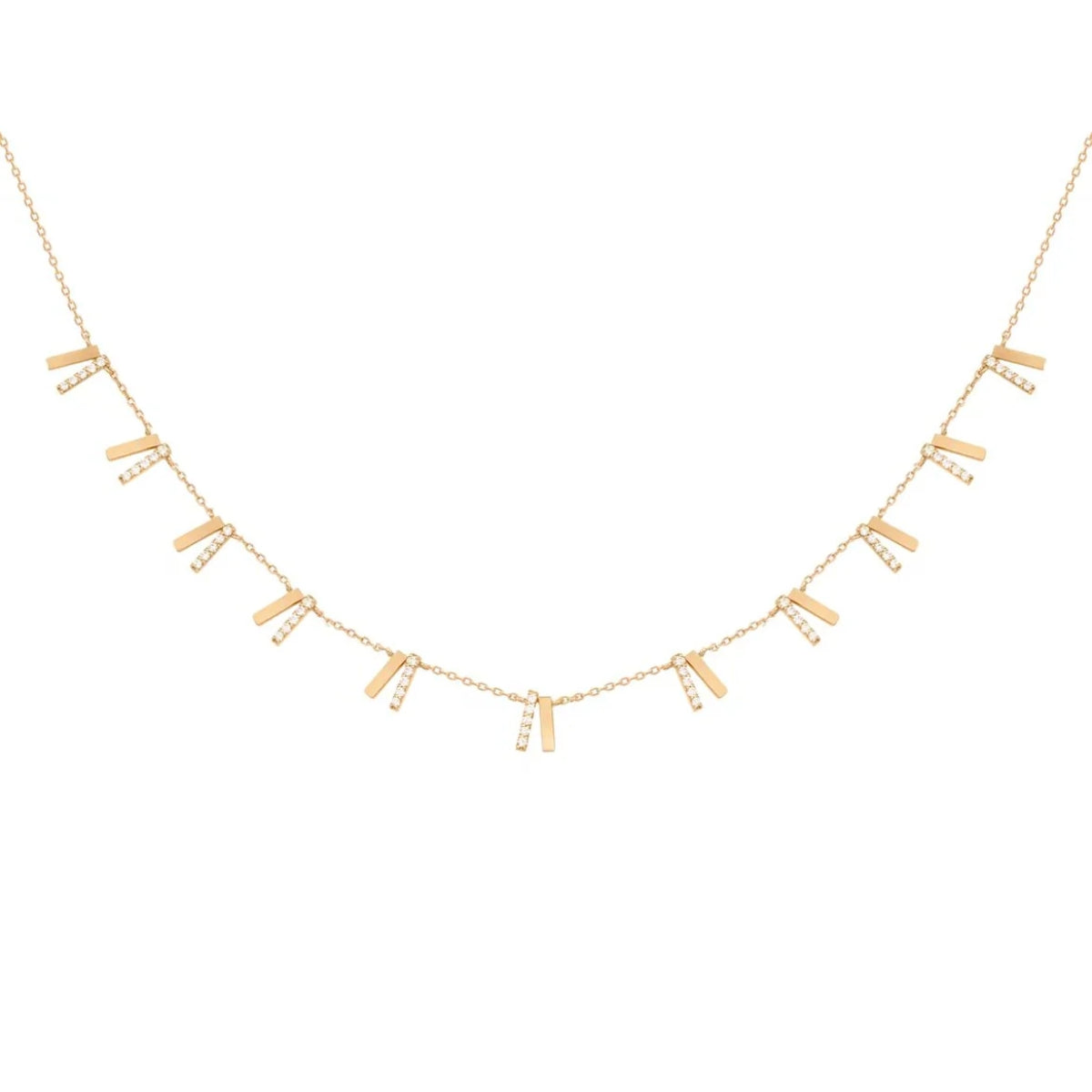 Orchid Jewelry 18k yellow gold choker necklace adorned with cascading pave diamond and polished gold tilted bar charms