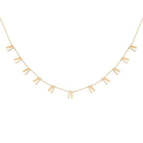Orchid Jewelry 18k yellow gold choker necklace adorned with cascading pave diamond and polished gold tilted bar charms