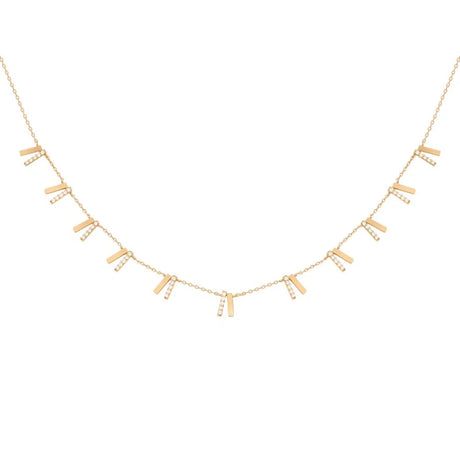 Orchid Jewelry 18k yellow gold choker necklace adorned with cascading pave diamond and polished gold tilted bar charms