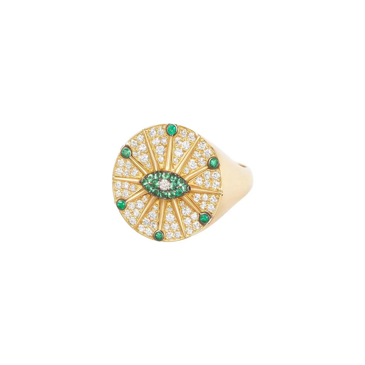 Orchid Jewelry 18k yellow gold signet ring featuring a pave diamond sunburst disc with a pave emerald eye center