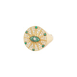 Orchid Jewelry 18k yellow gold signet ring featuring a pave diamond sunburst disc with a pave emerald eye center