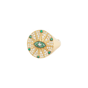 Orchid Jewelry 18k yellow gold signet ring featuring a pave diamond sunburst disc with a pave emerald eye center
