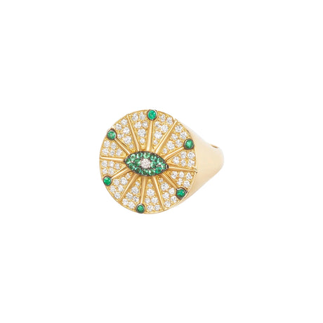 Orchid Jewelry 18k yellow gold signet ring featuring a pave diamond sunburst disc with a pave emerald eye center