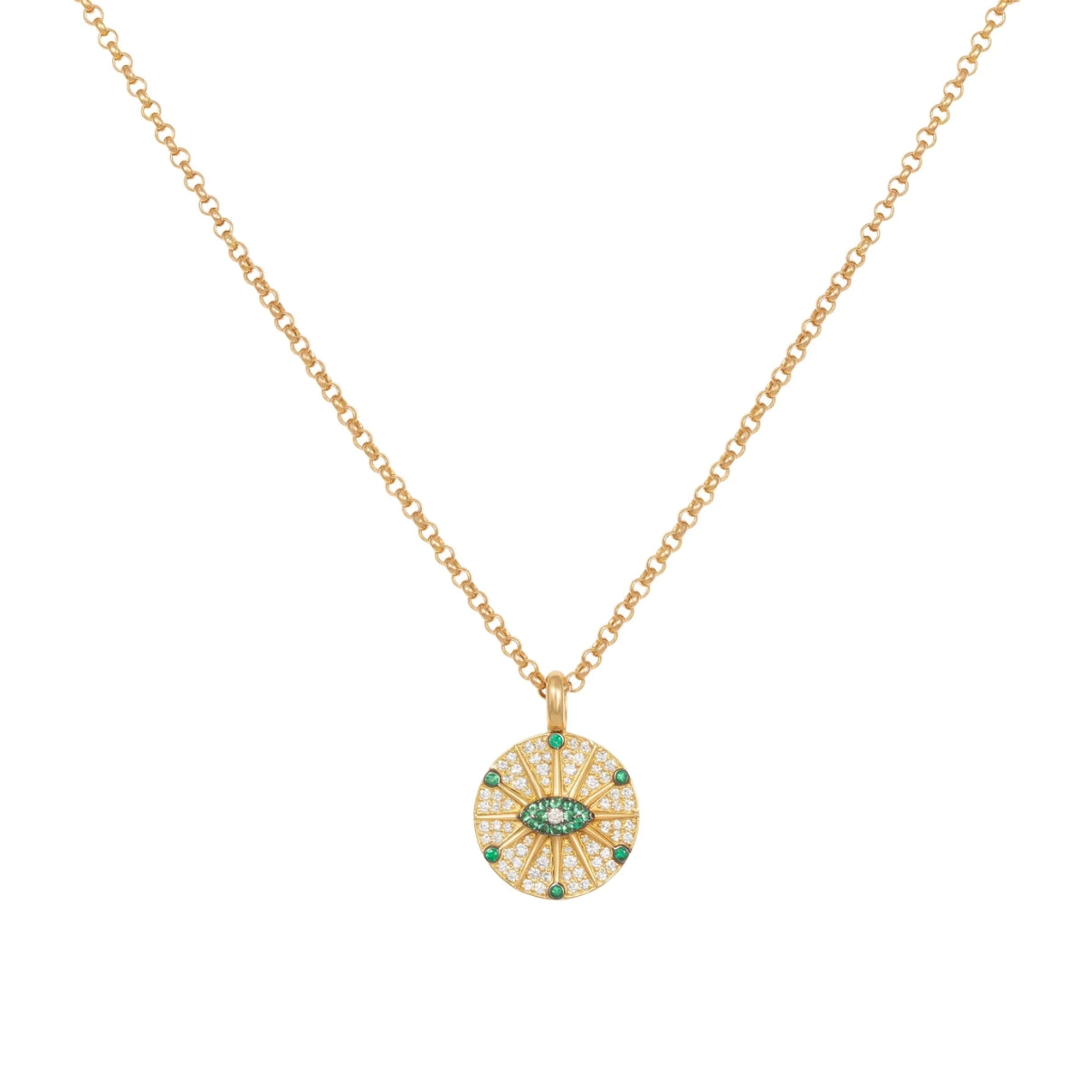 Orchid Jewelry 18k yellow gold pendant necklace featuring a circular pave diamond and emerald sunburst eye medallion