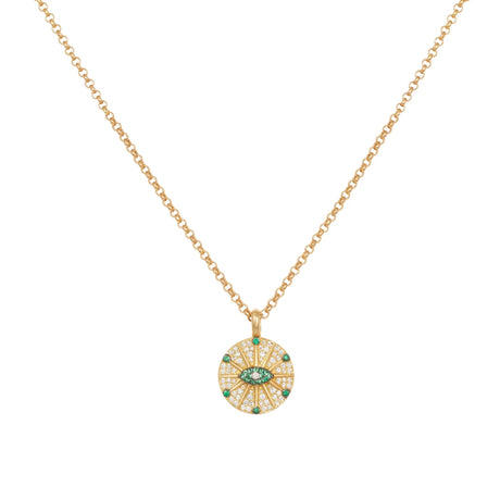 Orchid Jewelry 18k yellow gold pendant necklace featuring a circular pave diamond and emerald sunburst eye medallion