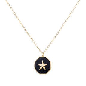 Orchid Jewelry 18k yellow gold necklace featuring an octagonal black onyx pendant with a gold star center set with a diamond