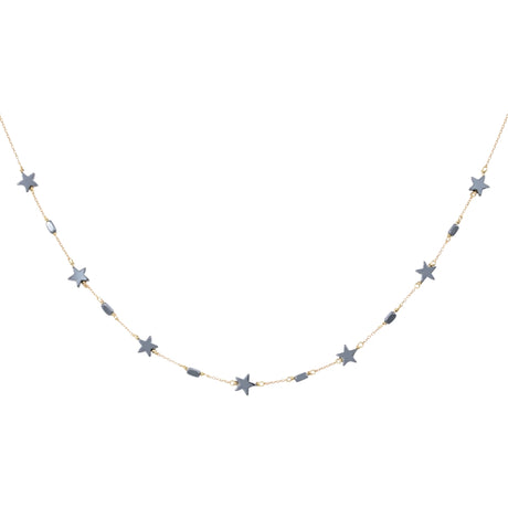 Orchid Jewelry 18k yellow gold fine choker necklace featuring metallic grey star beads and geometric station accents