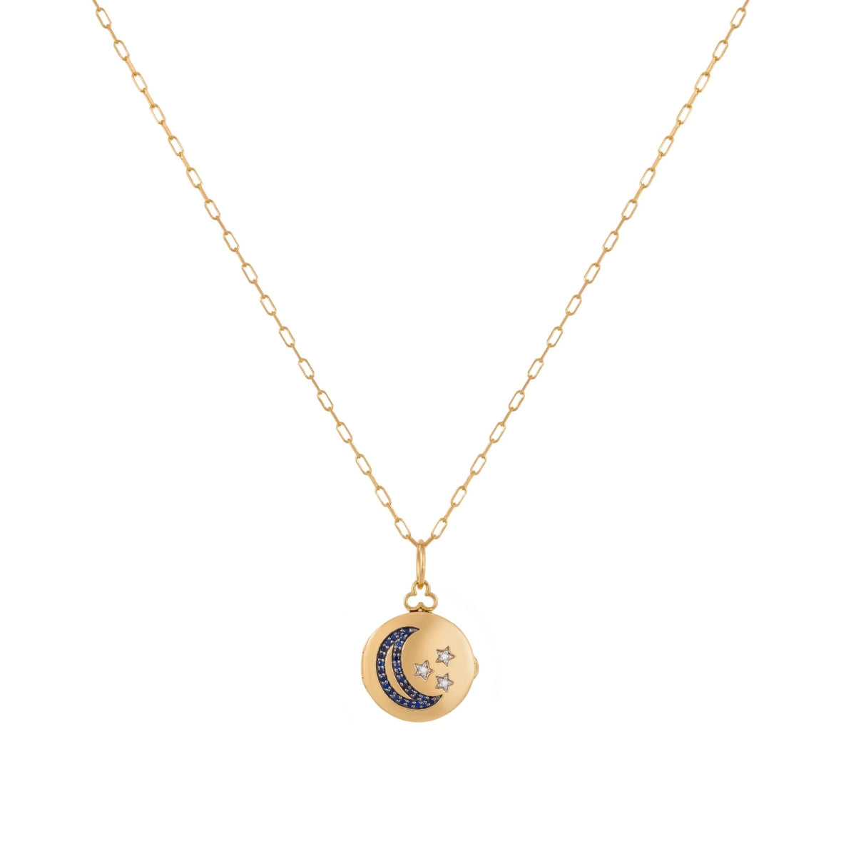 Orchid Jewelry 18k yellow gold circular locket necklace featuring a sapphire crescent moon and diamond stars on a paperclip chain