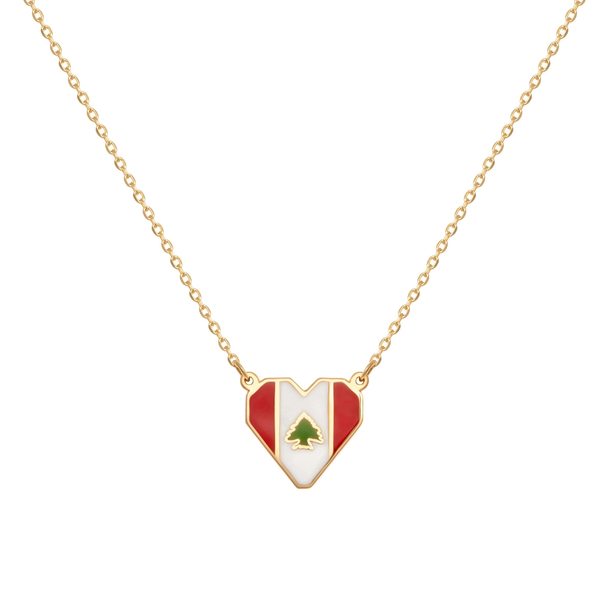 Orchid Jewelry 18k yellow gold geometric heart pendant necklace with red, white, and green enamel Lebanese flag and cedar tree motif