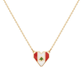 Orchid Jewelry 18k yellow gold geometric heart pendant necklace with red, white, and green enamel Lebanese flag and cedar tree motif