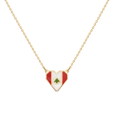 Orchid Jewelry 18k yellow gold geometric heart pendant necklace with red, white, and green enamel Lebanese flag and cedar tree motif