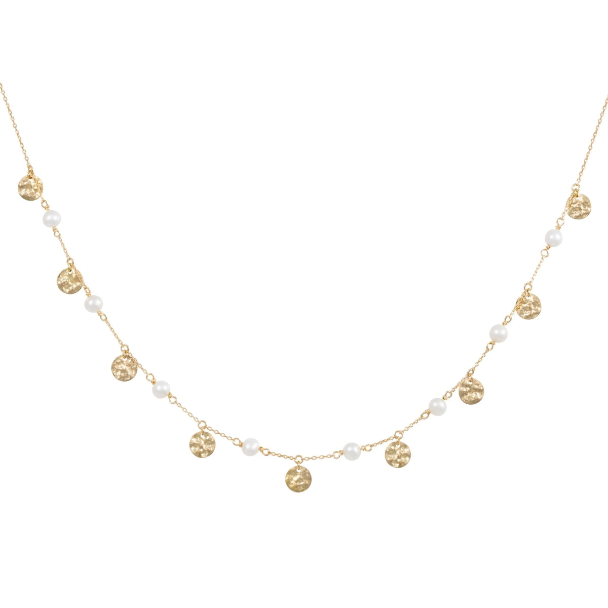 Orchid Jewelry 18k yellow gold choker featuring station pearl beads and dangling hammered gold disc charms